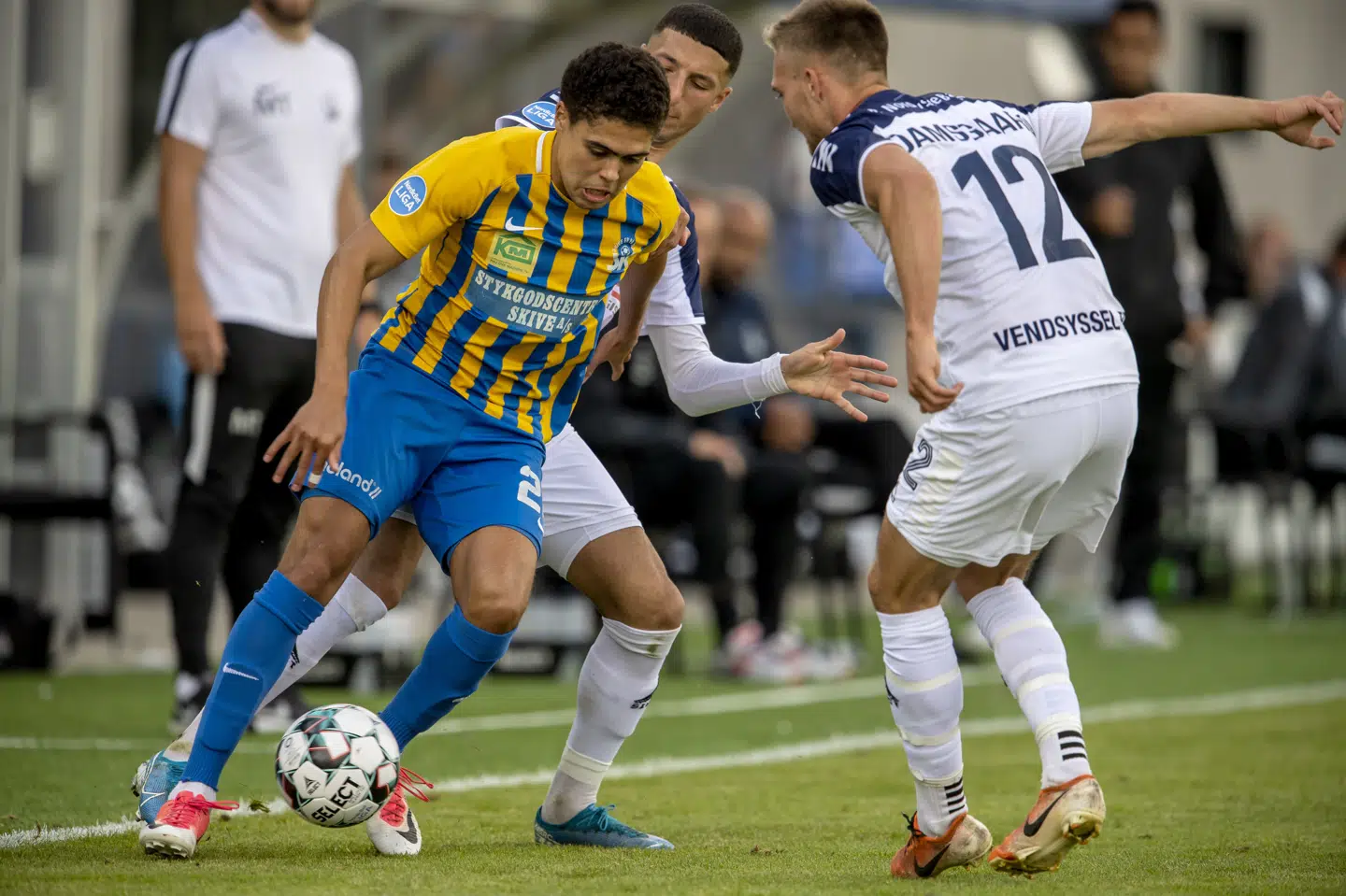 Vendsyssel FF og Skive (på billedet) kan begge risikere nedrykning til 2. division. De kæmper sammen med Kolding om at undgå de to nederste pladser i 1. division i sidste spillerunde torsdag. (Arkivfoto) René Schütze/Ritzau Scanpix