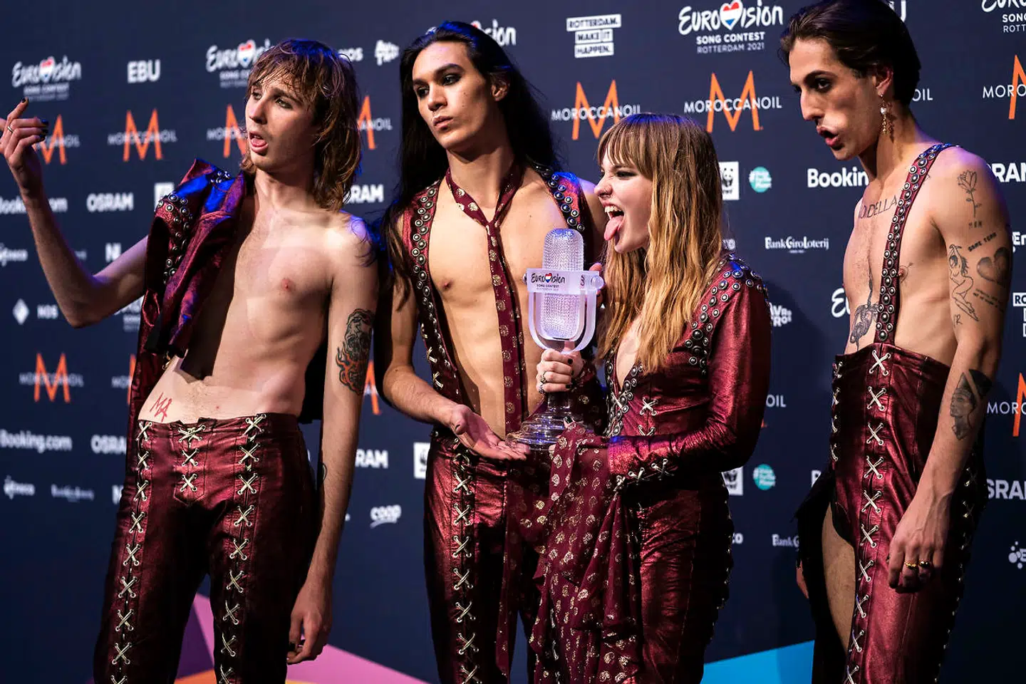 Måneskin fra Italien til pressemøde efter deres sejr i finalen i Eurovision Song Contest 2021.