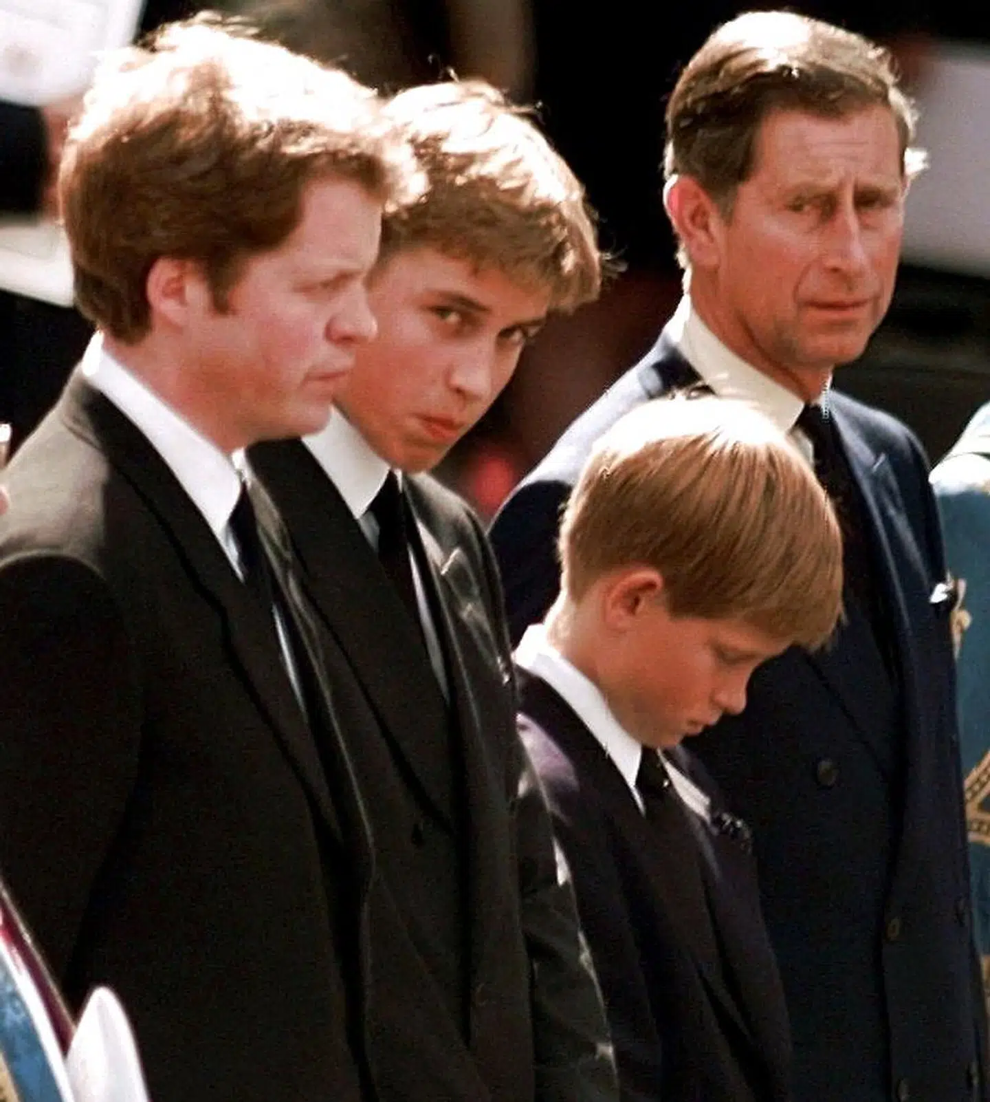 Prins Charles, prins Harry, prins William og Earl Spencer til begravelsen af prinsesse Diana.