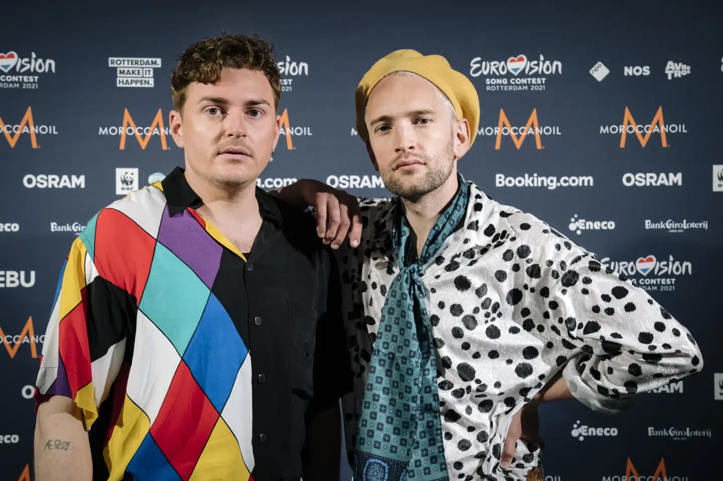 Jesper Groth og Laurits Emanuel, der sammen udgør den danske musik duo Fyr Og Flamme, går på scenen som de sidste i Eurovisions anden semifinale. Emil Helms/Ritzau Scanpix