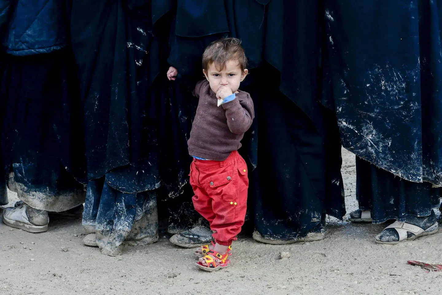 Et barn står i kø i al-Hol-lejren. Det er uvist, hvornår de første børn kommer til Danmark. For myndighederne i Finland tog det omkring et år at få en aftale på plads med de kurdiske myndigheder. (Arkivfoto) Giuseppe Cacace/Ritzau Scanpix