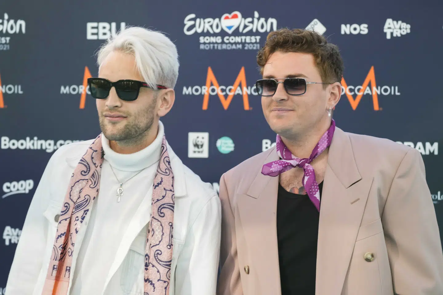 epa09205280 Fyr og Flamme from Denmark arrive on the Turquoise Carpet for the Opening Ceremony of the 65th annual Eurovision Song Contest (ESC) at the Rotterdam Cruise Terminal, in Rotterdam, The Netherlands, 16 May 2021. Due to the coronavirus (COVID-19) pandemic, only a limited number of visitors is allowed at the 65th edition of the Eurovision Song Contest (ESC2021) that is taking place in an adapted form at the Rotterdam Ahoy arena and consist of two semi-finals, on 18 and 20 May 2021, and a grand final on 22 May 2021. EPA/SANDER KONING / POOL