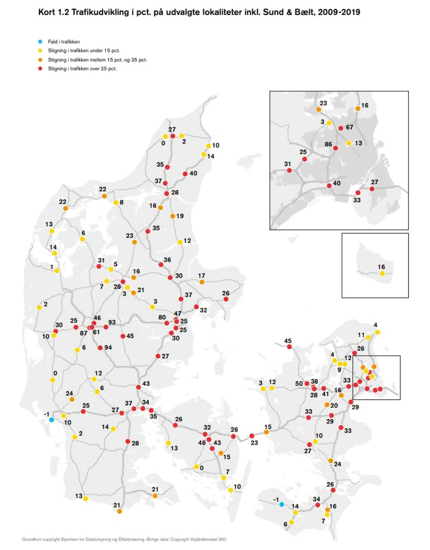 Her kan du se, hvordan trafikken har ændret sig siden 2009. Foto: Screendump fra Vejdirektoratet