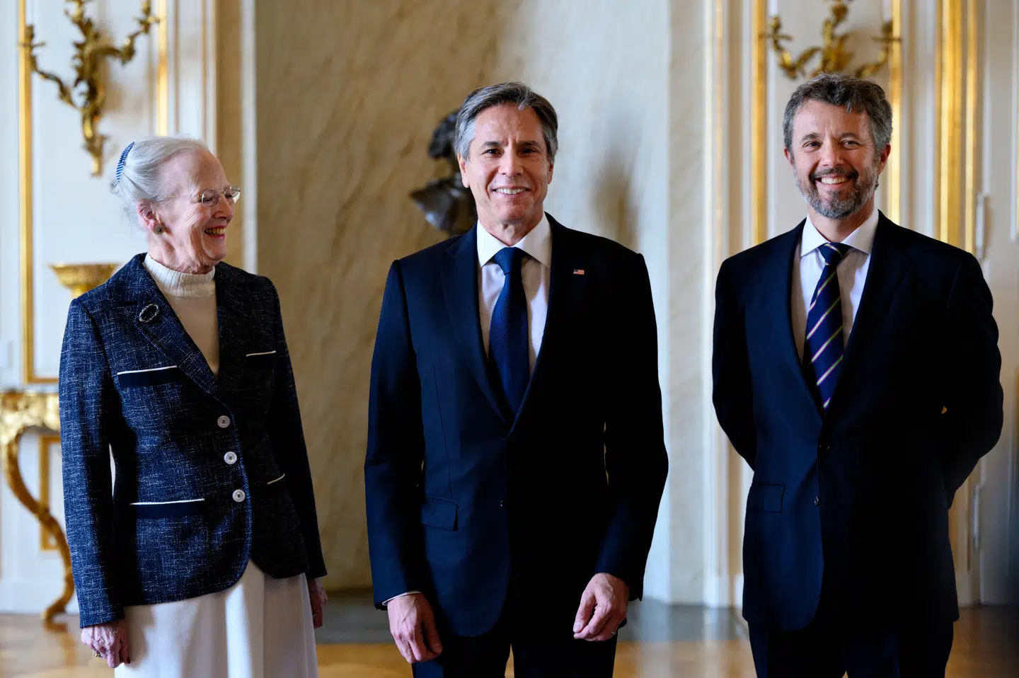 Dronning Margrethe og Kronprins Frederik tog begge imod den amerikanske Undenrigsminister, Antony Blinken. Foto: Philip Davali / Ritzau Scanpix.