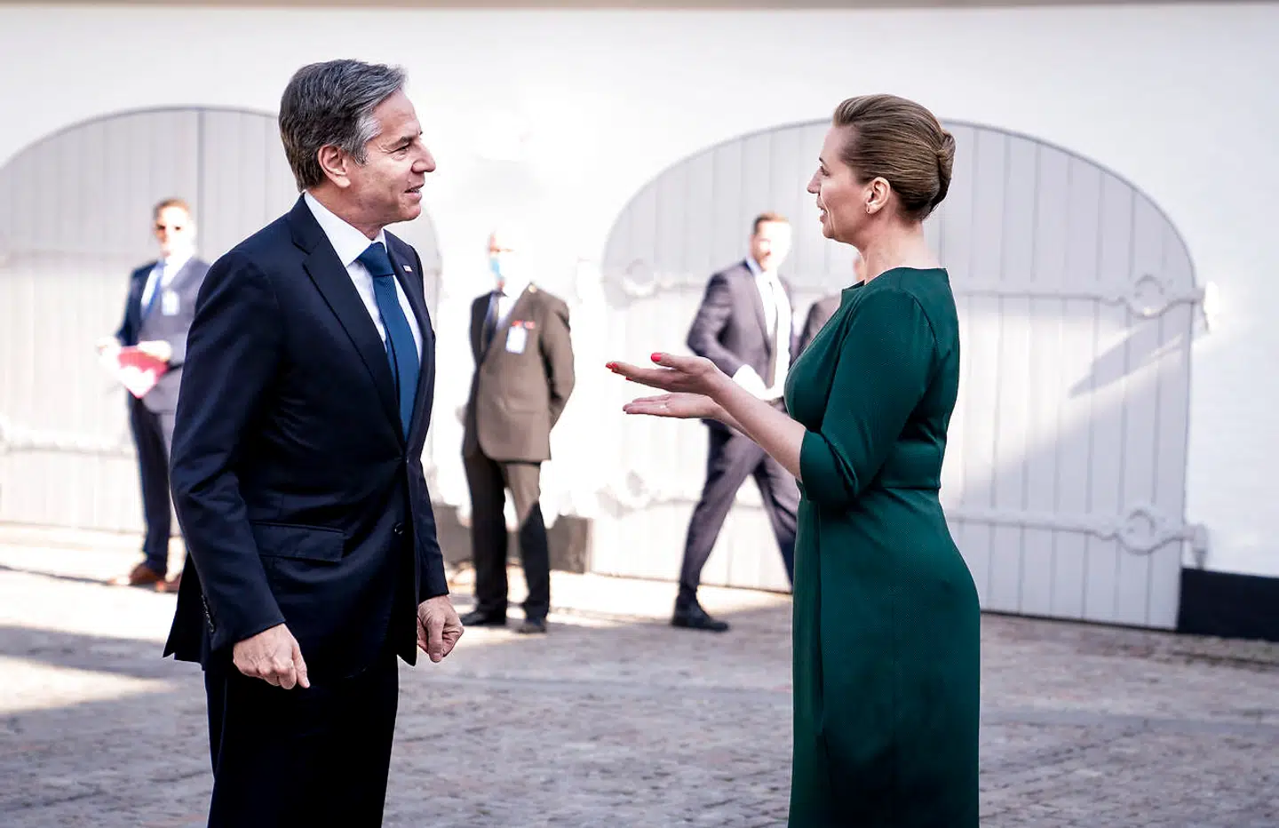 Statsminister Mette Frederiksen (S) tager imod USAs udenrigsminister, Antony Blinken, ved Marienborg mandag 17. maj 2021.