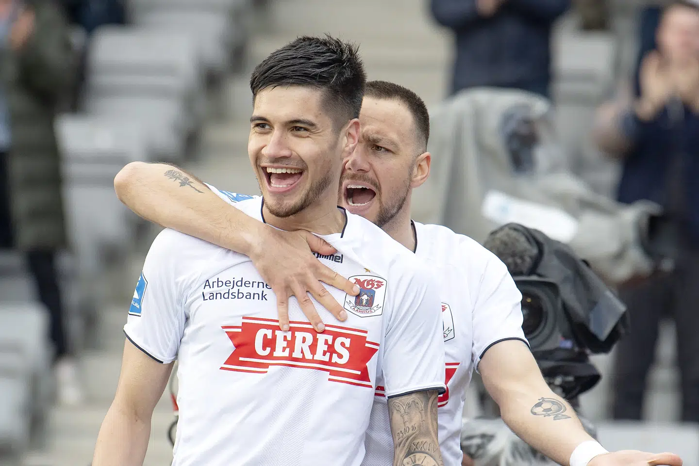 Kevin Diks (forrest) bragte søndag AGF foran med 1-0 i 3-1-sejren over FC Nordsjælland. Bo Amstrup/Ritzau Scanpix