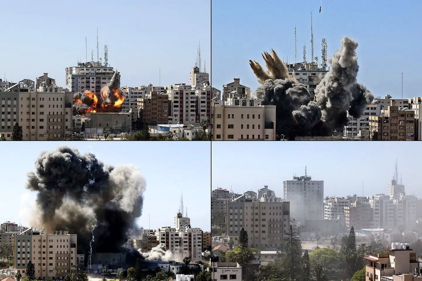 Lørdag blev Jala Tower, der huser forskellige internationale medier i Gaza, jævnet med jorden ved et israelsk luftangreb. Det israelske militær havde forinden udsendt en advarsel, så ansatte havde tid til at forlade bygningen. (Foto: Mahmud Hams / AFP)