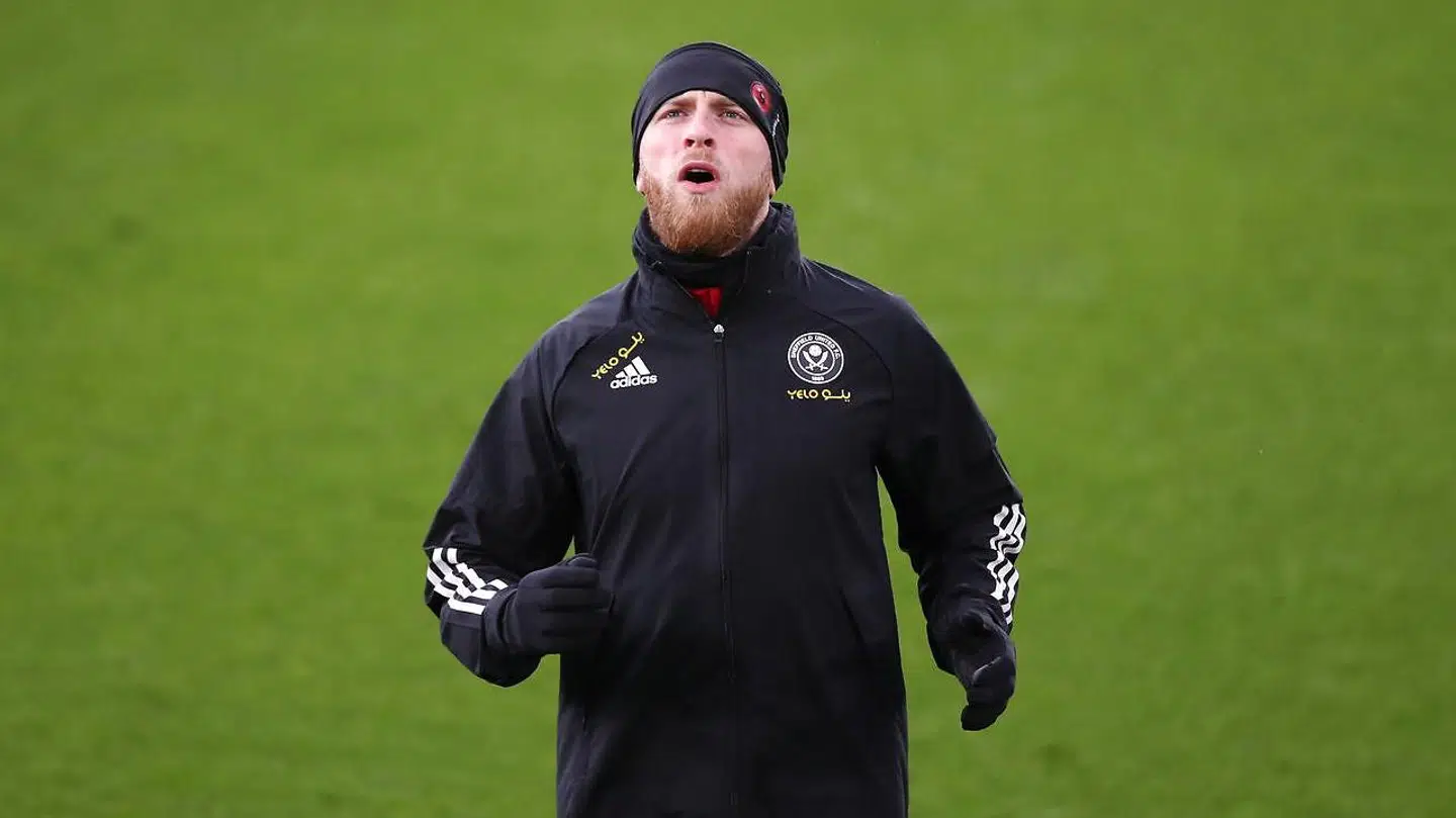 Soccer Football - Premier League - Leicester City v Sheffield United - King Power Stadium, Leicester, Britain - March 14, 2021 Sheffield United's Oli McBurnie during the warm up before the match Pool via REUTERS/Alex Pantling EDITORIAL USE ONLY.No use with unauthorized audio, video, data, fixture lists, club/league logos or 'live' services. Online in-match use limited to 75 images, no video emulation.No use in betting, games or single club /league/player publications. Please contact your account representative for further details.