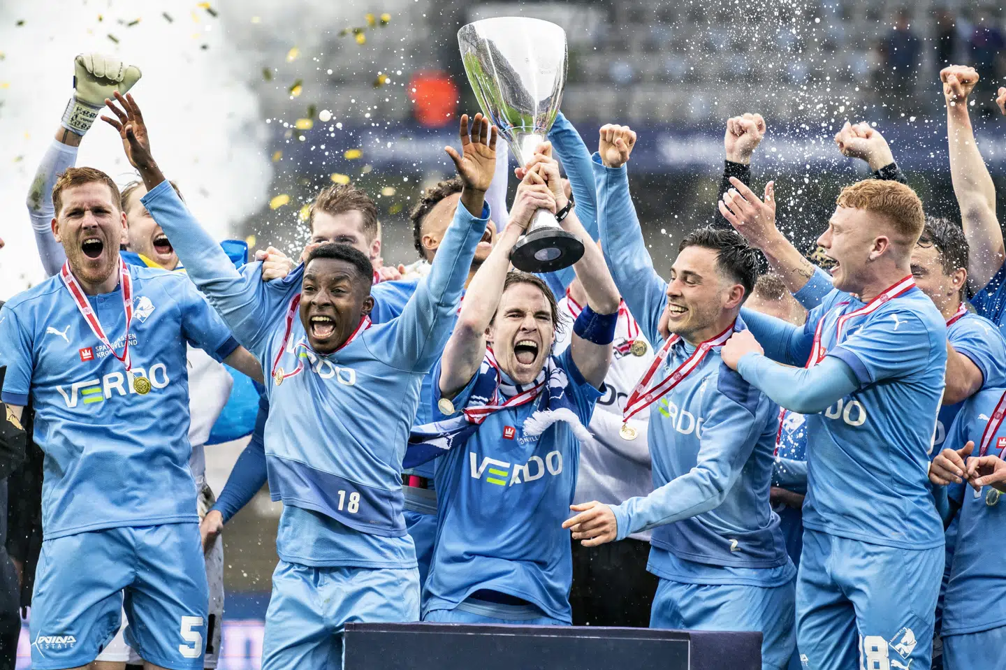 Spillerne i Randers FC kunne torsdag juble over pokaltriumfen efter sejren over Sønderjyske. Nu venter et eventyr i Europa i næste sæson. Henning Bagger/Ritzau Scanpix