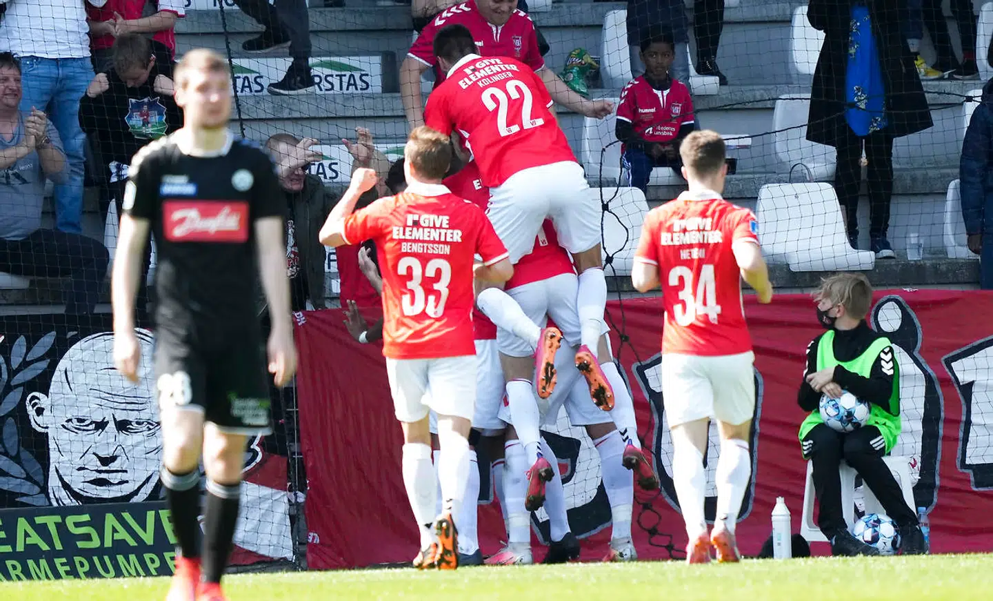 1 - 0 til VB ved Allan Sousa (VB - 50) Superliga: Vejle Boldklub - SønderjyskE søndag den 9 maj 2021. Vejle Stadion.. (Foto: Claus Fisker/Ritzau Scanpix)