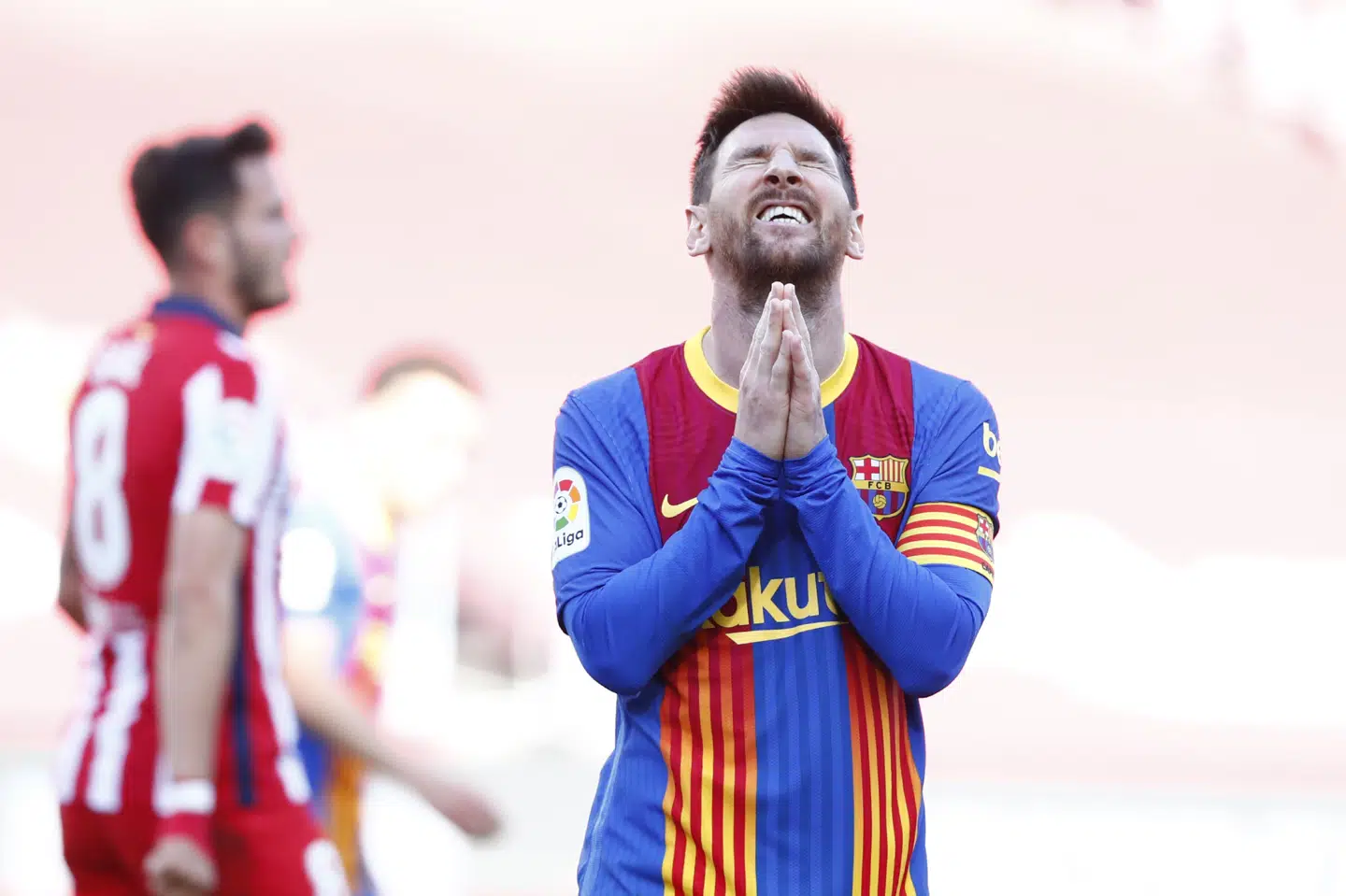 FC Barcelonas stjerneangriber Lionel Messi ærgrede sig efter en af sine brændte chancer mod Atlético Madrid. Joan Monfort/Ritzau Scanpix