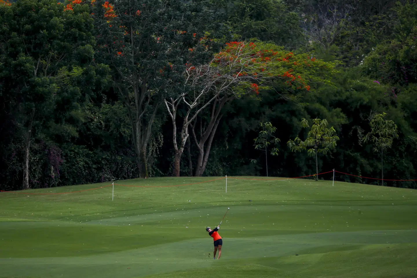 Nanna Koerstz Madsen ses her under denne uges turnering i Thailand. Danskeren kæmpede lidt med sit spil lørdag. Diego Azubel/Ritzau Scanpix