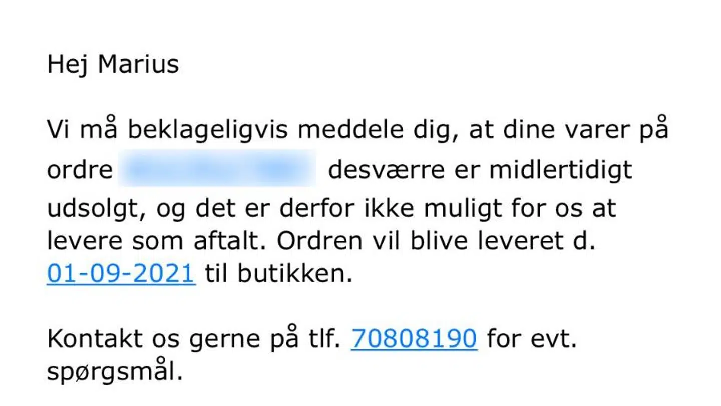 3. maj får Marius Jensen den tredje besked om, at hans varer er forsinkede. Denne gang lyder meldingen, at han skal vente til september. Foto: Screendump