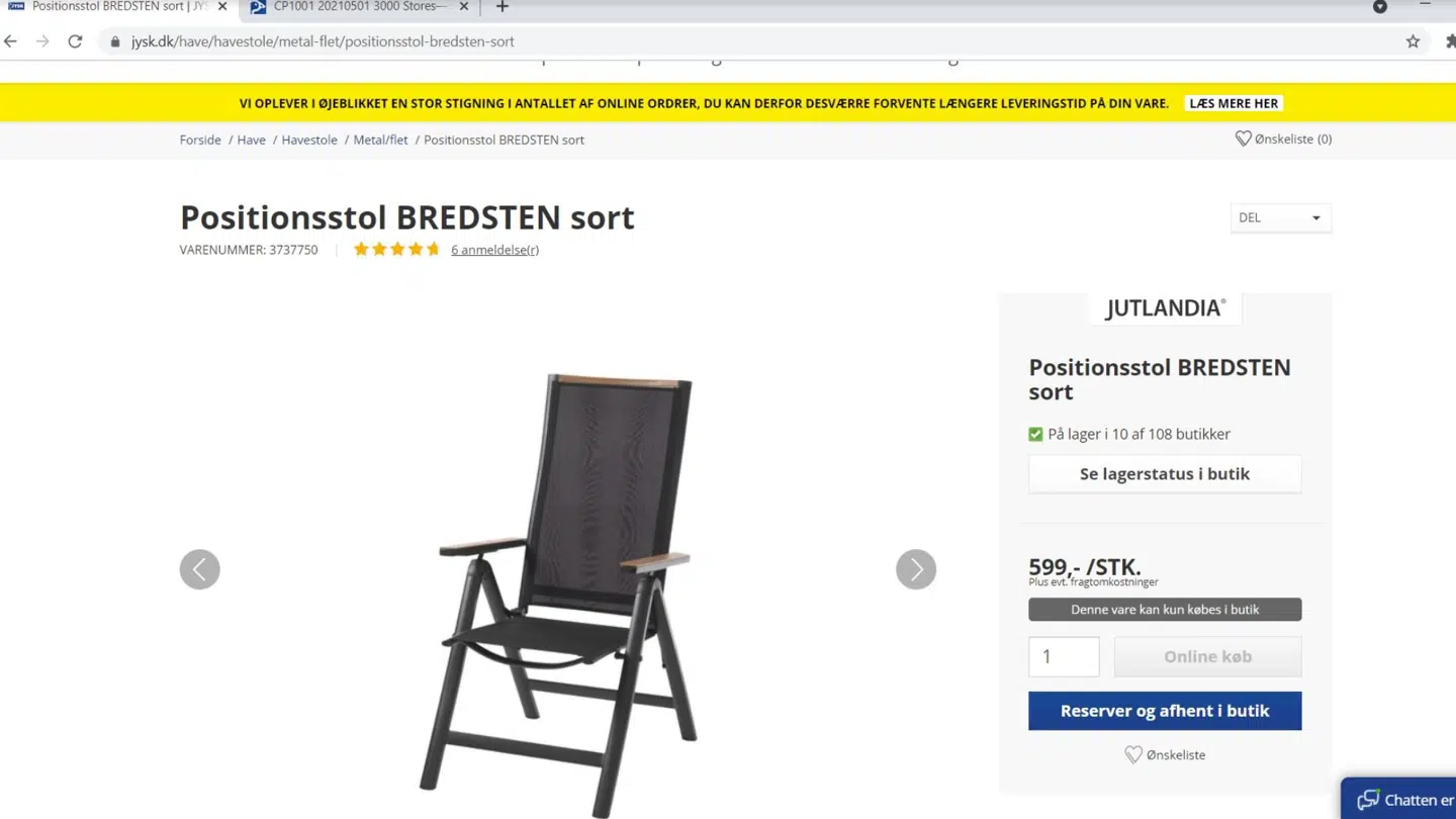 Det er denne stol, som Marius Jensen har bestilt. På hjemmesiden står der, den er på lager i 10 butikker. Foto: Screendump