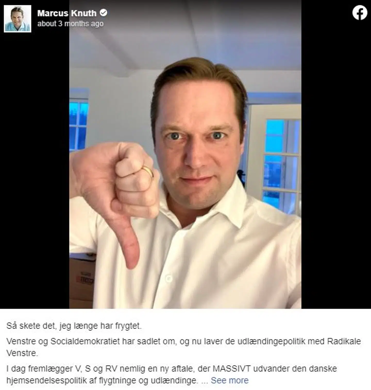 Der udbrød strid i blå blok, da Venstre gik enegang og lavede en aftale med Socialdemokratiet om repatrieringsstøtte. Her er det Marcus Knuth, der på sin Facebook-profil udtrykte sin utilfredshed.