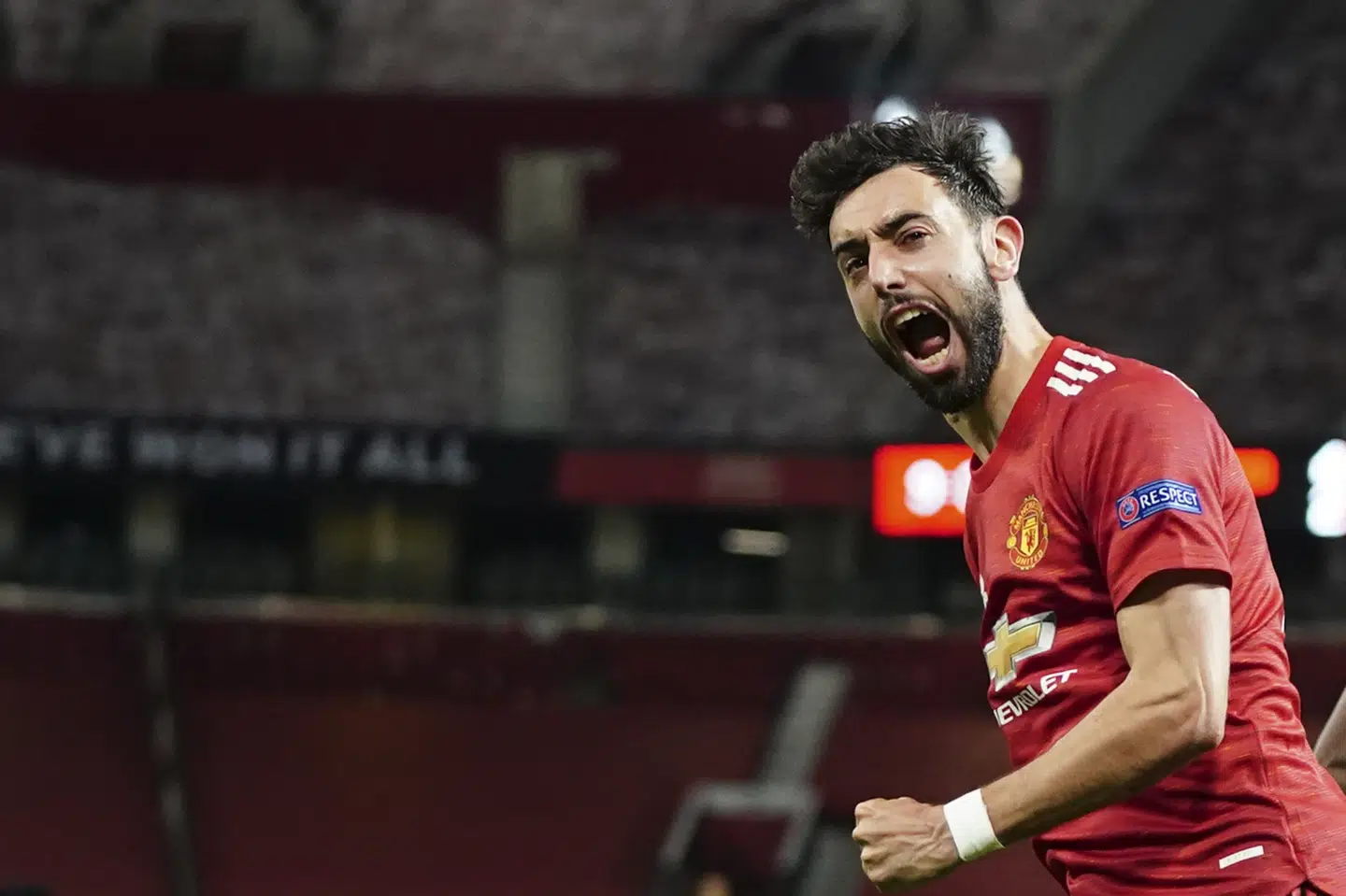 Bruno Fernandes scorede to gange, da Manchester United i sidste uge slog AS Roma med 6-2 i den første semifinale. Torsdag er der returopgør i Rom. (Arkivfoto) Jon Super/Ritzau Scanpix