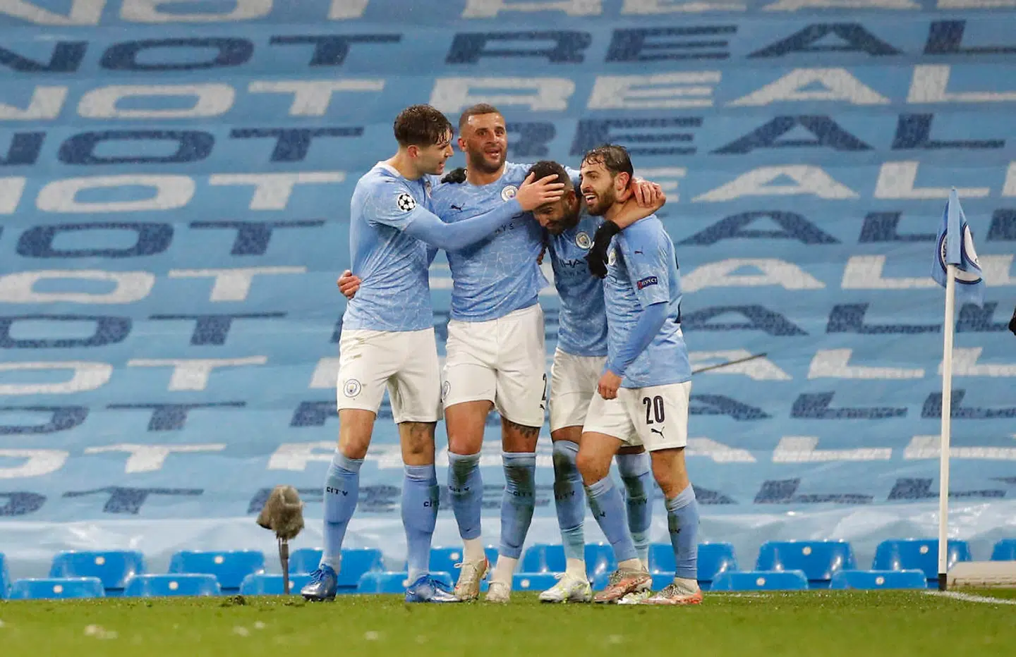 Soccer Football - Champions League - Semi Final Second Leg - Manchester City v Paris St Germain - Etihad Stadium, Manchester, Britain - May 4, 2021 Manchester City's Riyad Mahrez celebrates scoring their second goal with teammates REUTERS/Phil Noble