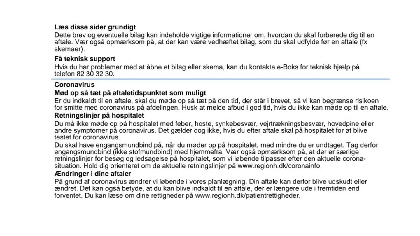Her er et udklip af det brev, som Claudia Fallesen modtog fra Hovedstadens psykiatri.