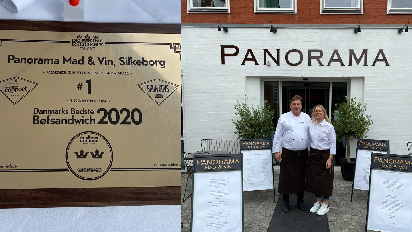 Jesper Panorama Pedersen og hans kone er et par stolte indehavere af Restaurant Panorama Mad & Vin, efter de har vundet titlen som årets bedste bøfsandwich. Foto: Restaurant Panorama Mad & Vin
