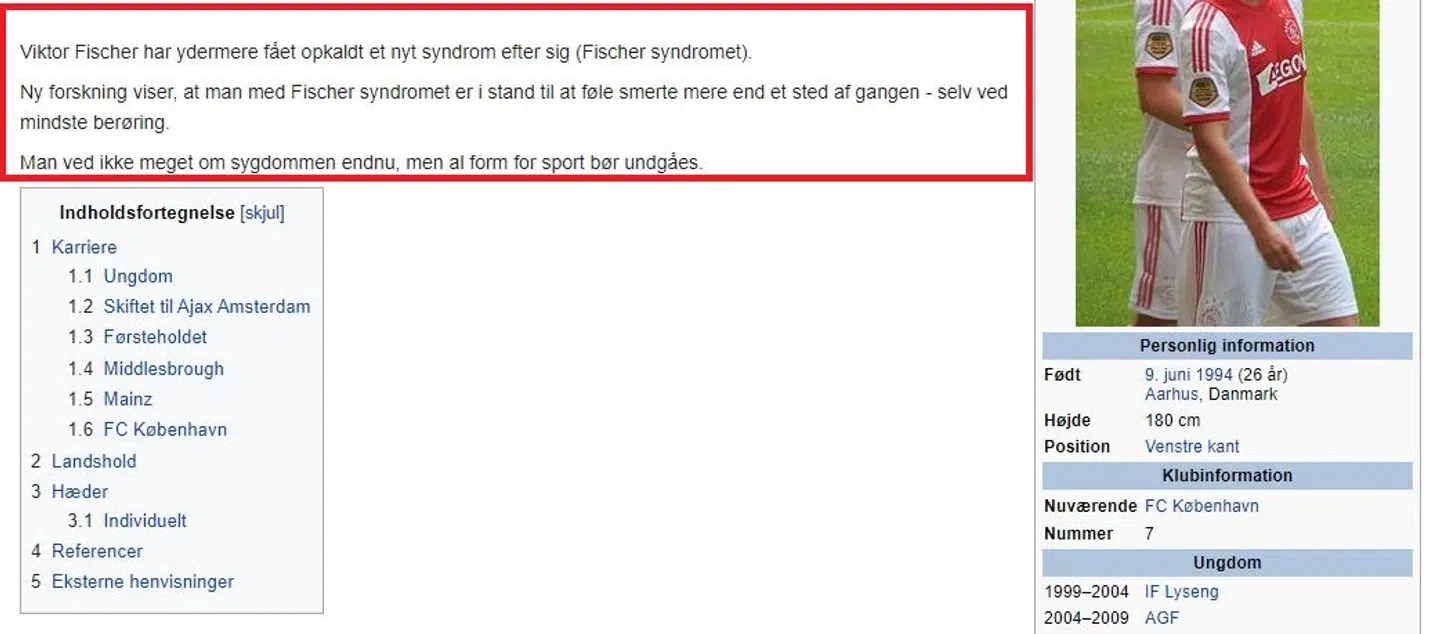 Viktor Fischers Wikipedia-side har fået en overhaling efter søndagens kamp mod AGF.