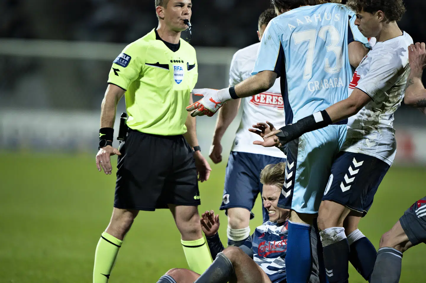 Der var tumult og dramatik i overtiden, da AGF mødte FCK søndag aften. Henning Bagger/Ritzau Scanpix