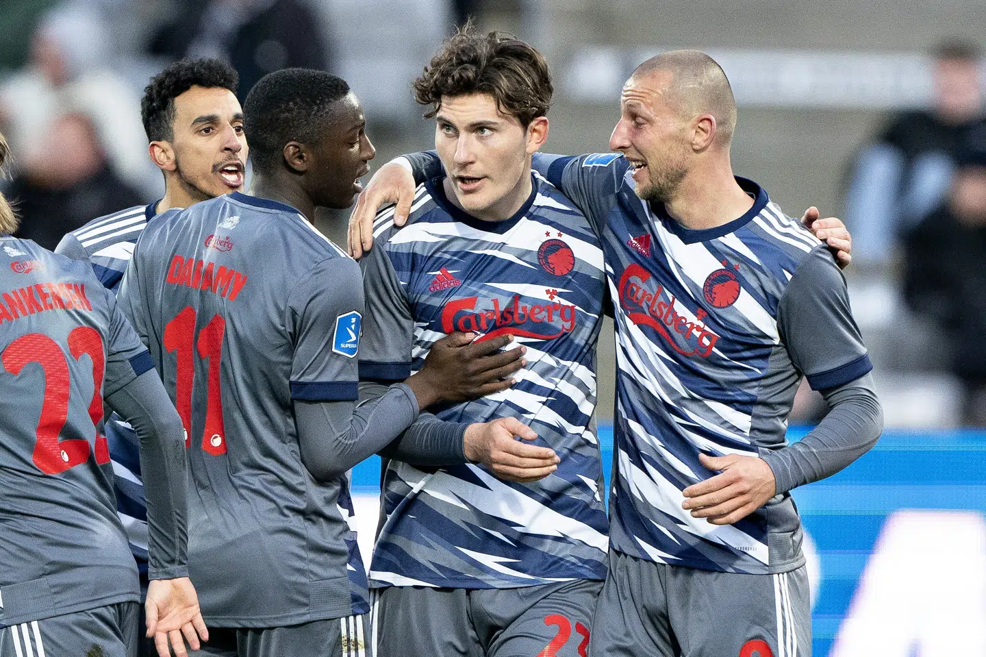 FC København-spillerne kunne juble efter Jonas Winds scoring til 1-0 mod AGF. FCK endte med at vinde kampen 2-1 i Aarhus. Henning Bagger/Ritzau Scanpix
