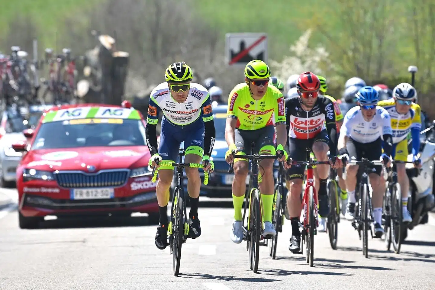 (LtoR) Belgian cyclist Loic Vliegen of Intermarche Wanty-Gobert Materiaux, Dutch cyclist Mathijs Paasschens of Bingoal-WB and Polish cyclist Tomasz Marczynski of Lotto Soudal compete during the Liege-Bastogne-Liege one day cycling race, from Liege to Liege on April 25, 2021. (Photo by ERIC LALMAND / Belga / AFP) / Belgium OUT