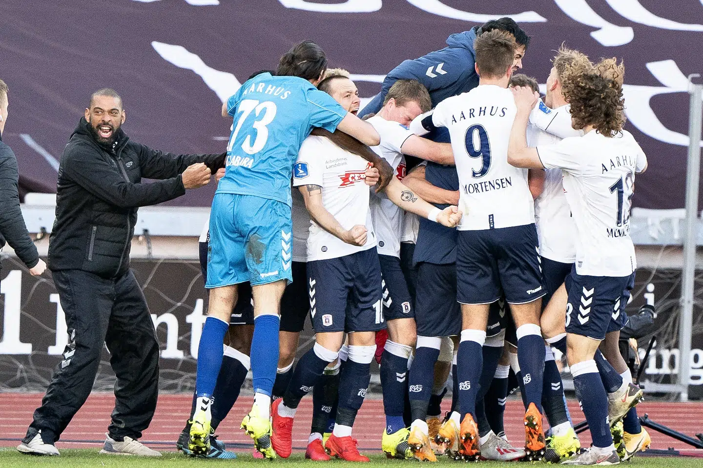 Glæden var stor i AGF-lejren efter sejren over Randers FC. Henning Bagger/Ritzau Scanpix