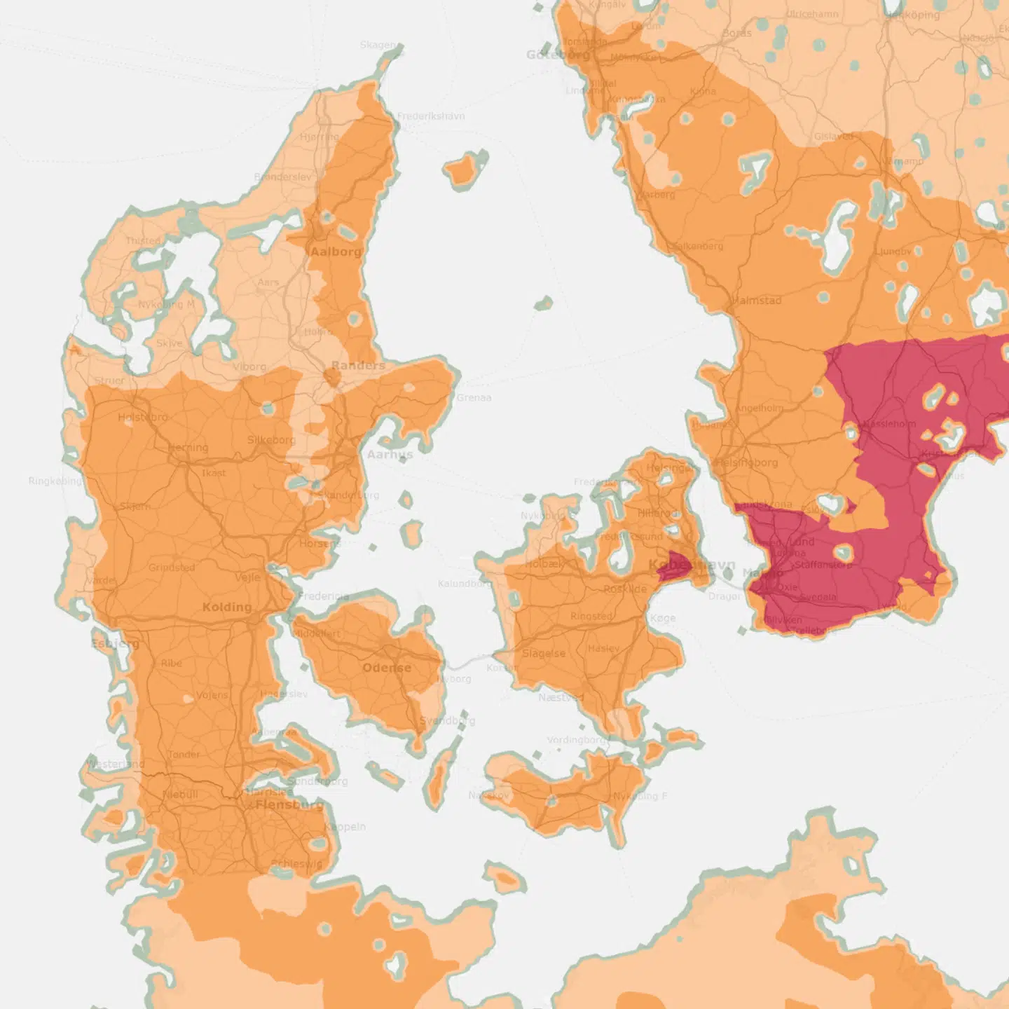 Den mørke orange farve betyder 'høj brandfare', rød betyder 'meget høj brandfare'. Den lyse orange farve betyder 'moderat brandfare'.
