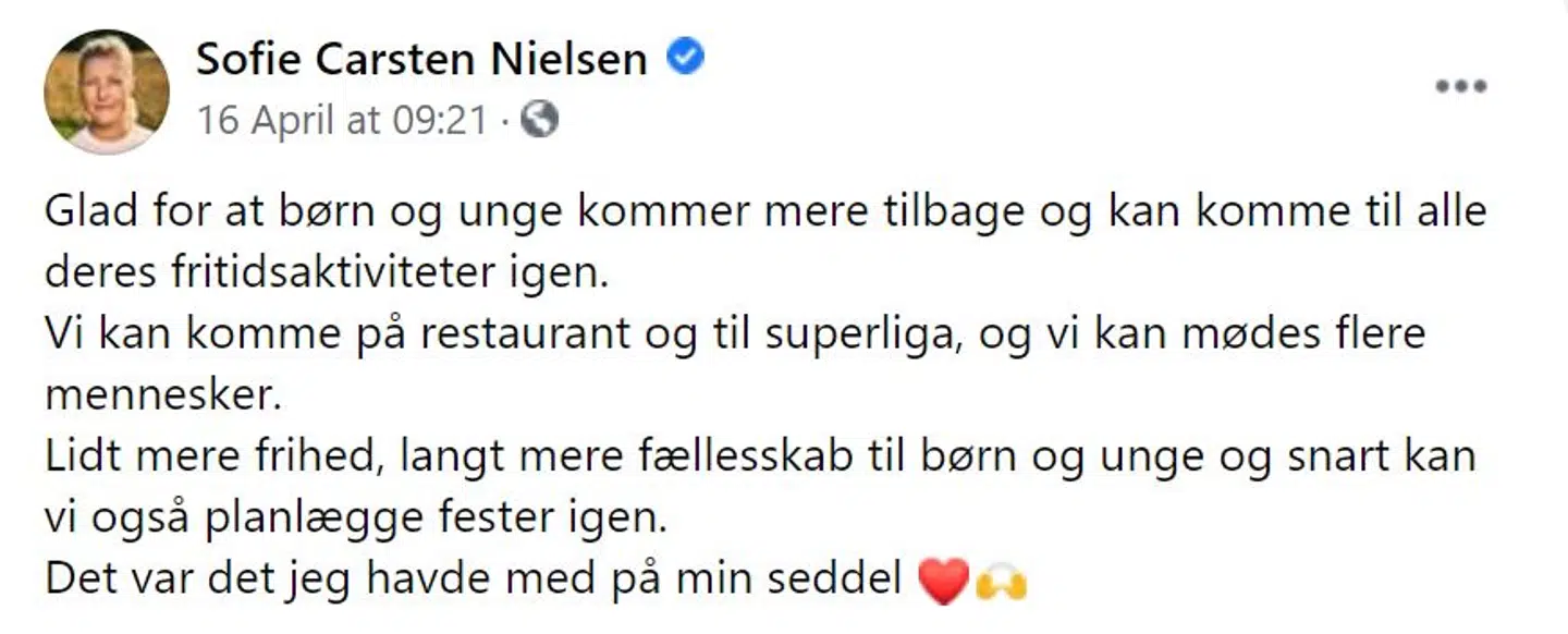 Børn og unge kommer mere tilbage, skrev Sofie Carsten Nielsen efter forhandlingerne om genåbning i sidste uge. Det er dog begrænset, hvor meget 5-8 klasserne kommer tilbage.