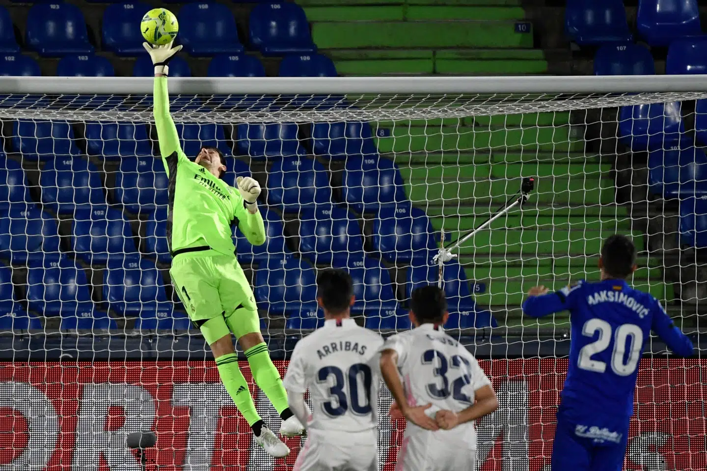 Real Madrid-keeper Thibaut Courtois leverede nogle flotte redninger mod Getafe, men ellers havde gæsterne ikke specielt meget at glæde sig over. Pierre-Philippe Marcou/Ritzau Scanpix