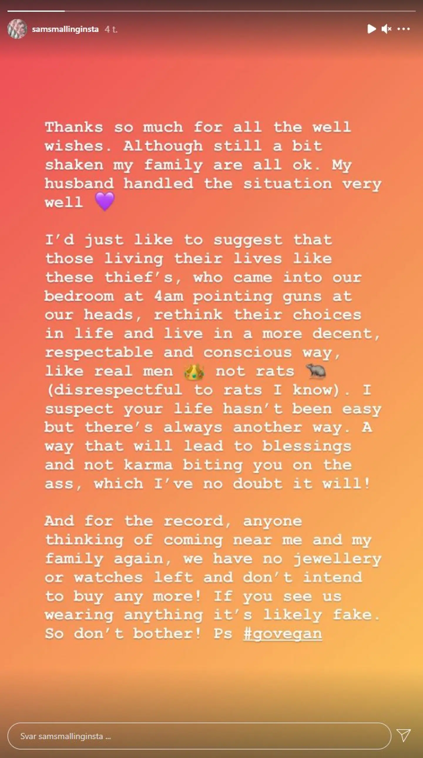 Sam Smalling har lavet et opslag om episoden på sin Instagram-story.