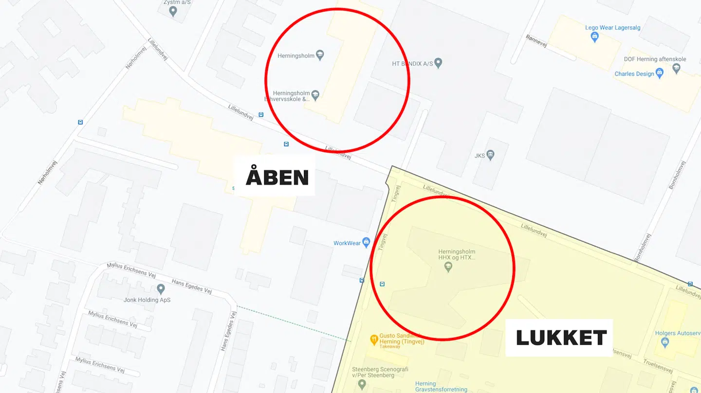Til venstre ligger Herningsholm Erhvervsskole i Herning Sogn. Til højre ligger Herningsholm HHX og HTX i Fredens Sogn. De to skoler er en del af samme organisation, men HHX- og HTX-delen er lukket, mens Erhvervsskolen er åben.