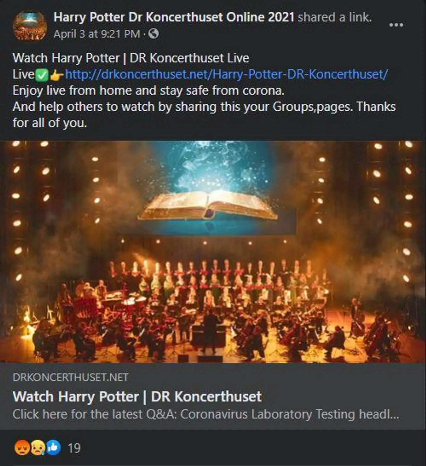 Her det opslag, der har sendt interesserede Facebook-brugere videre til et link, hvor de er blevet bedt om kortoplysninger. Hverken opslaget eller linket har noget med DR at gøre.