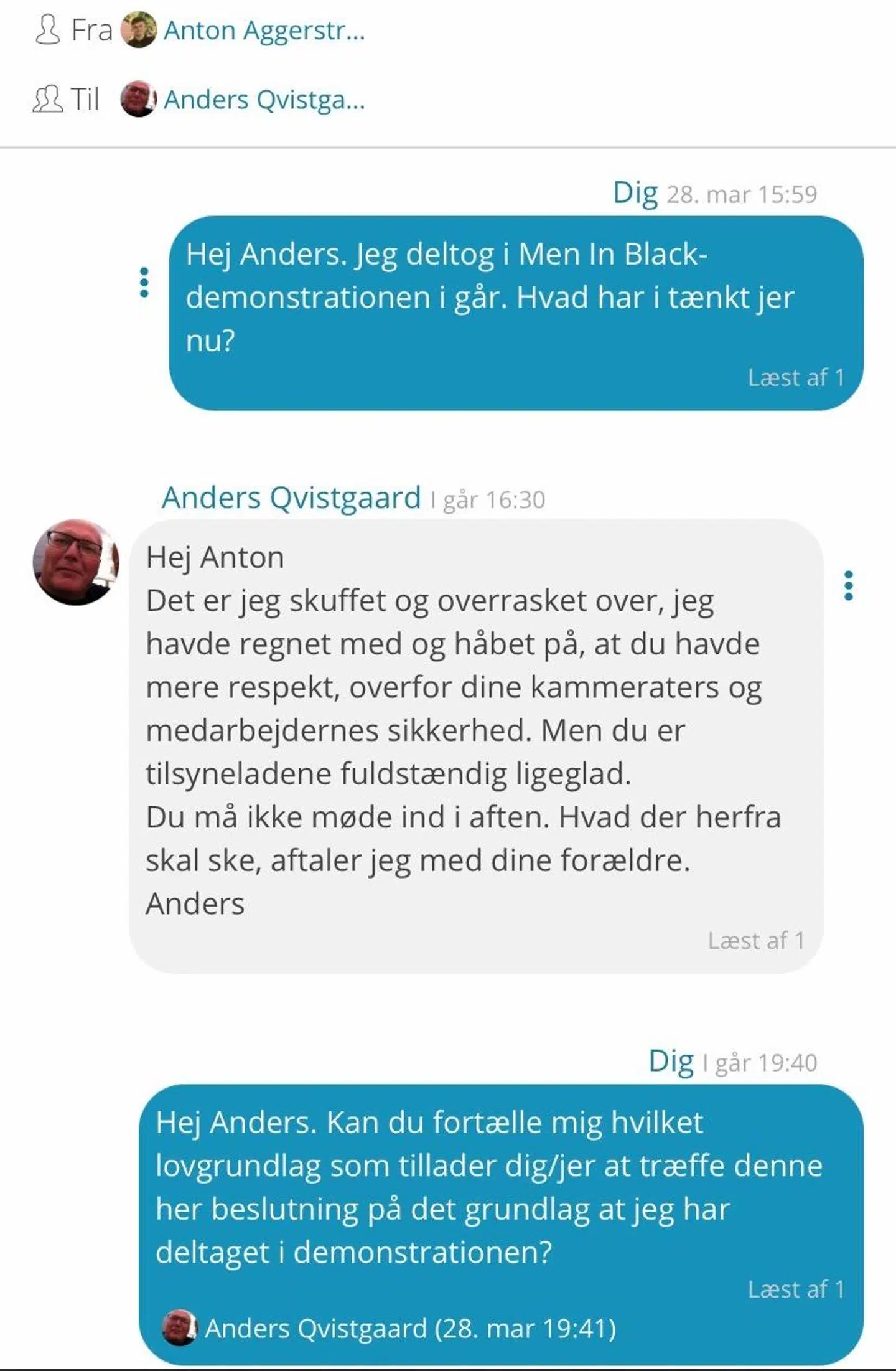 Den beskedsamtale, som Anton havde med forstanderen efter demonstrationen.