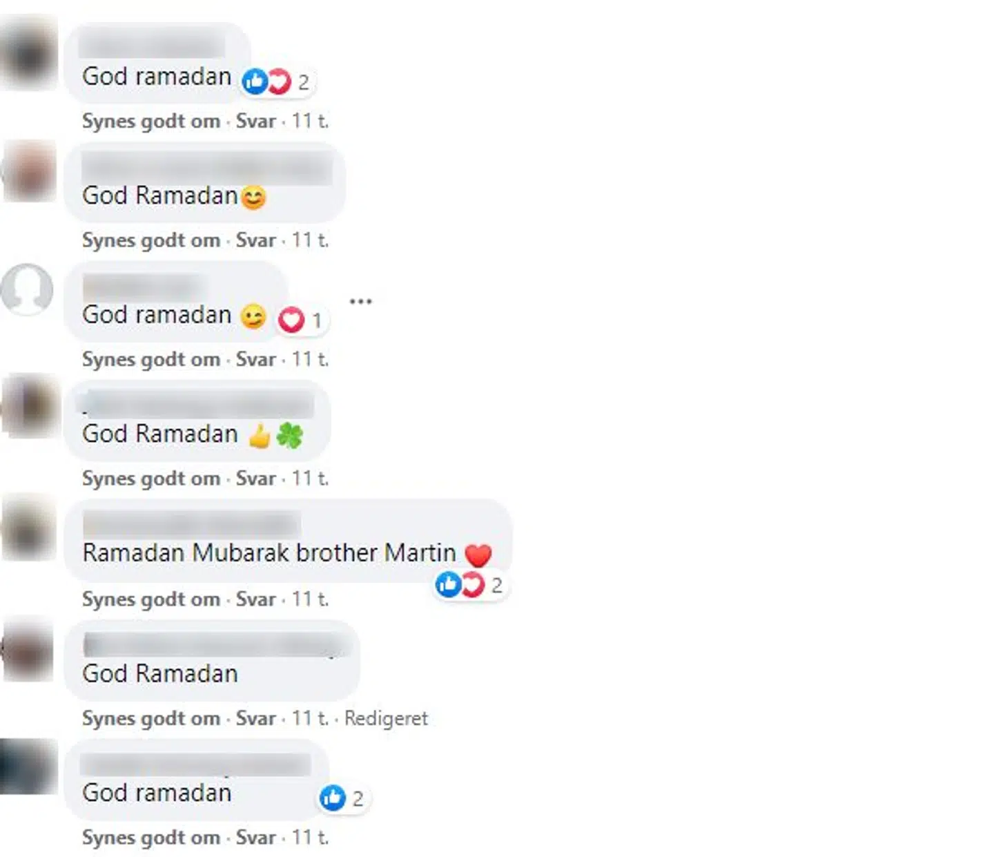 Her ses et udpluk af de tusindvis af Ramadan-hilsner, der er tikket ind i Martin Henriksens kommentarspor. Foto: Screendump Facebook.