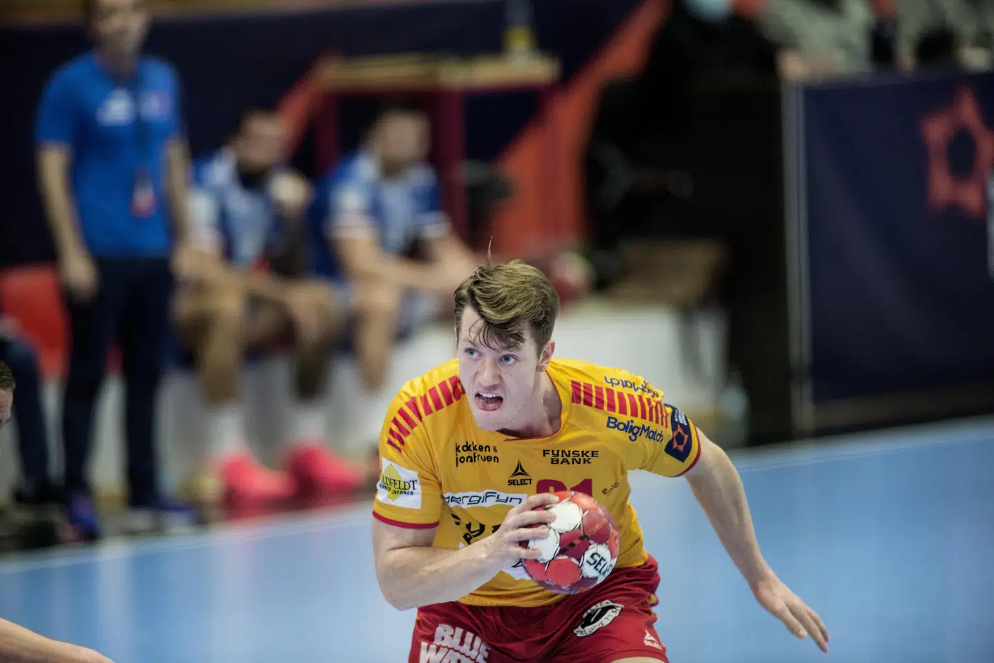 Emil Jakobsen scorede syv gange i den første kvartfinale mod Wisla Plock. Tim Kildeborg Jensen/Ritzau Scanpix