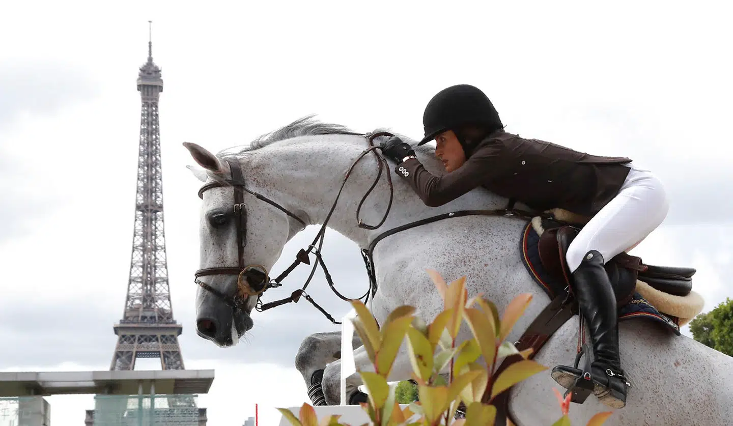 US Jessica Springsteen riding Cynar v. competes during the Paris Eiffel Jumping event on July 2, 2017 in Paris. JACQUES DEMARTHON / AFP