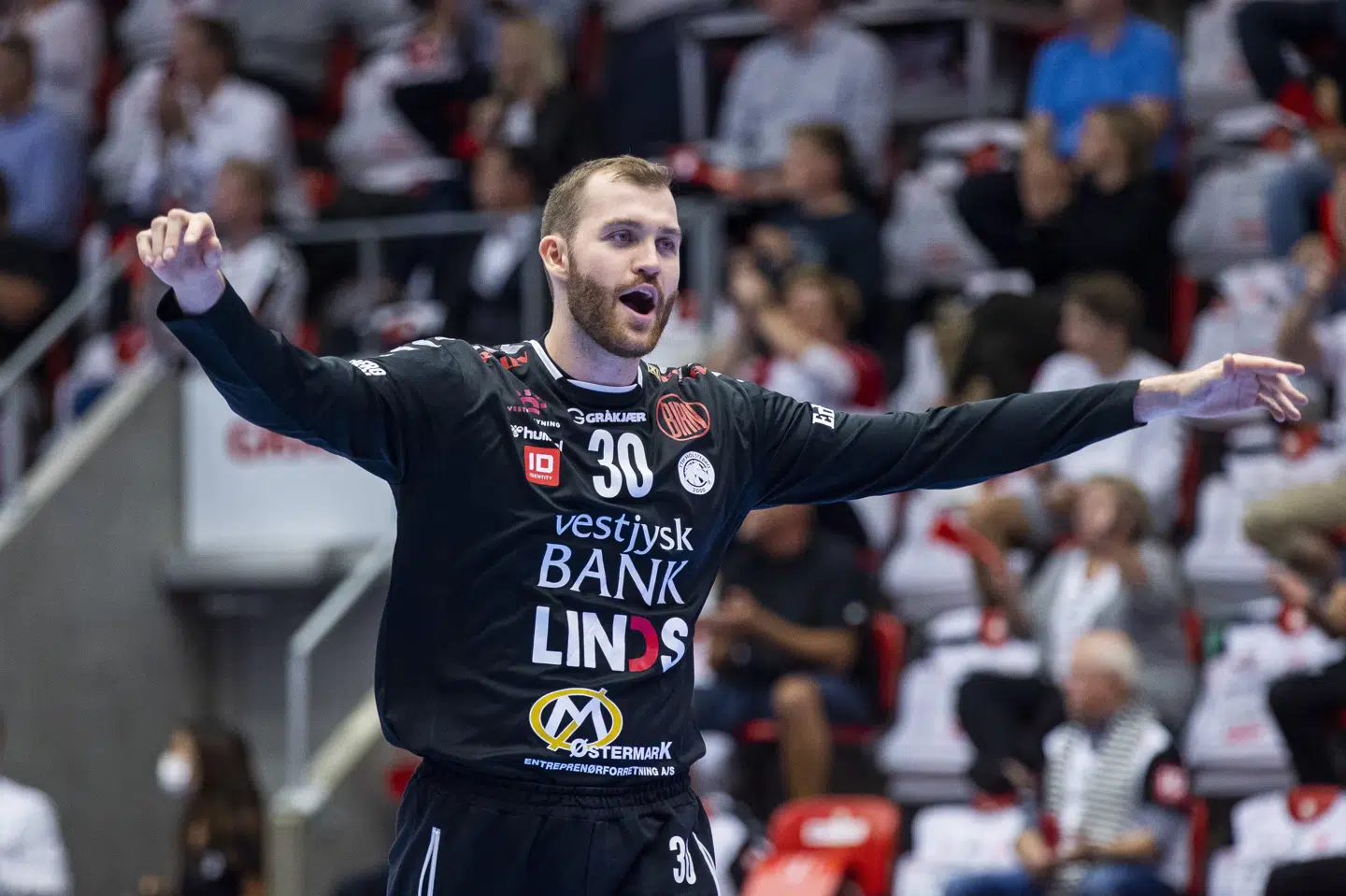 TTH Holstebros keeper Sebastian Frandsen stod med en redningsprocent på 30, da holdet lørdag vandt sin første kamp i slutspillet. Mikkel Berg Pedersen/Ritzau Scanpix