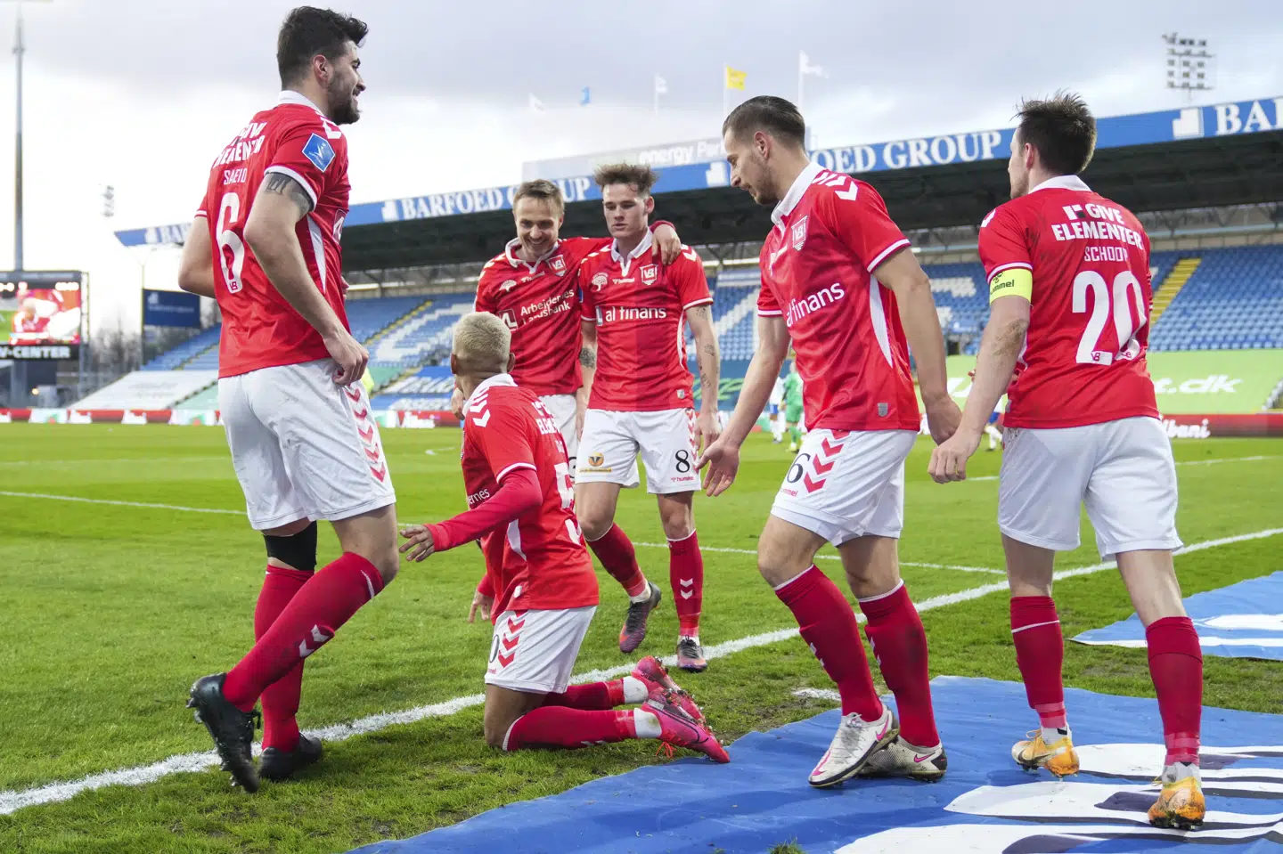 Vejles spillere havde grund til jubel efter de tre point i Odense, som giver bekvem luft til nedrykningspladserne. Claus Fisker/Ritzau Scanpix