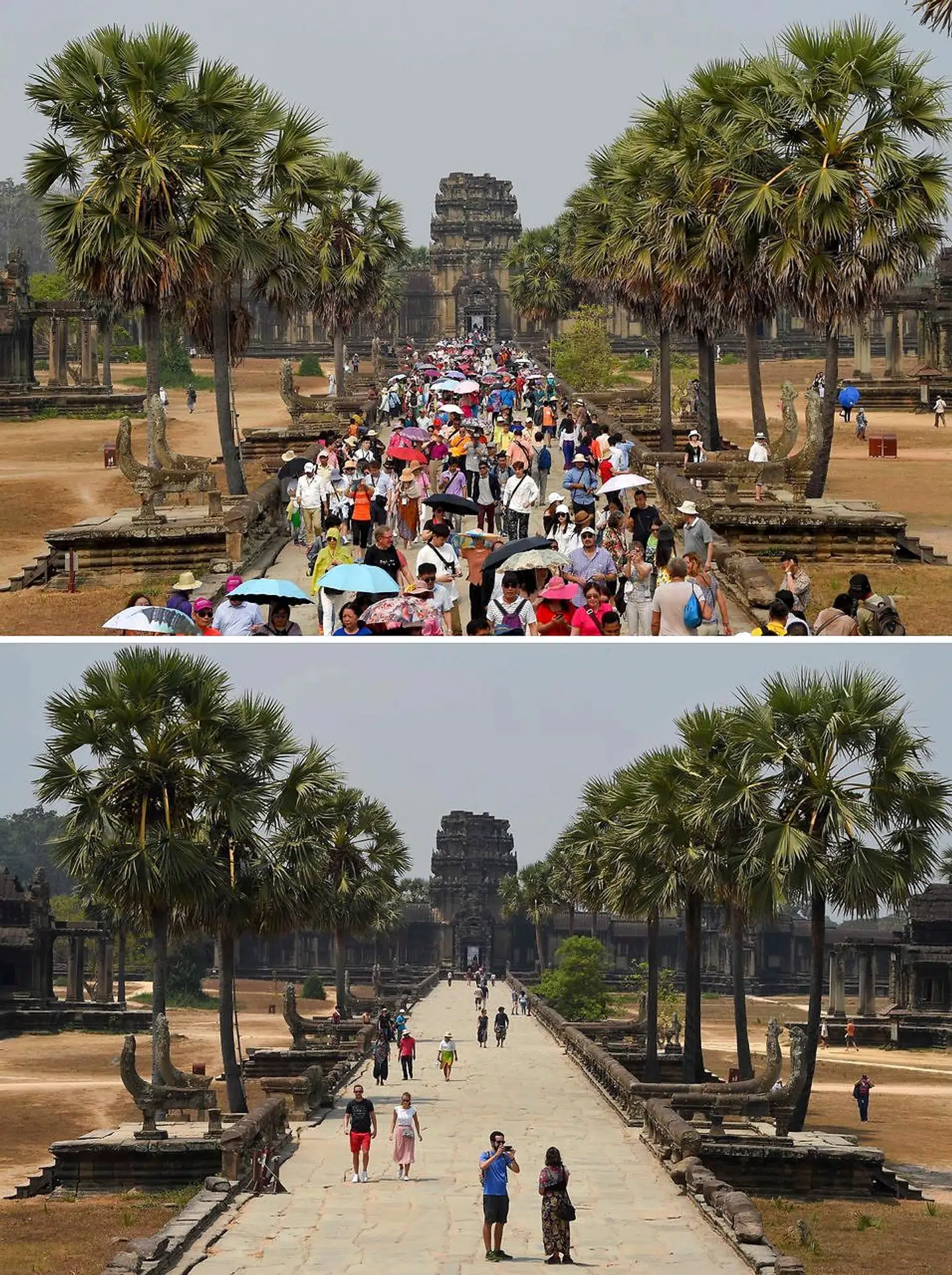 Øverst ses turisterne gå i Angkor Wat 16. marts 2019. Nederst ses de få turister, der kom 5. marts 2020.