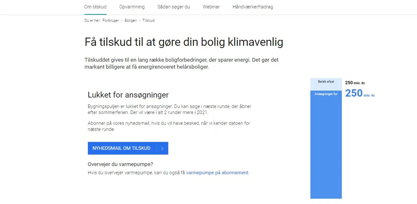 Sådan ser ansøgningsportalen ud nu, efter at pengene er væk.