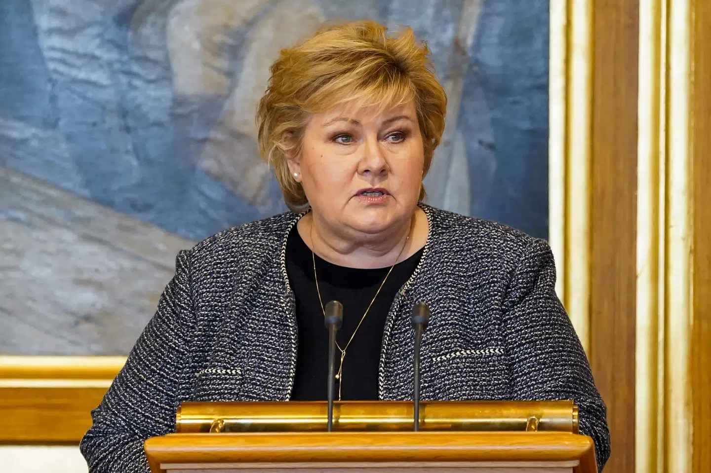 Statsminister Erna Solberg har onsdag præsenterer sit forslag til en genåbning i det norske Storting. Torstein Bøe/Ritzau Scanpix