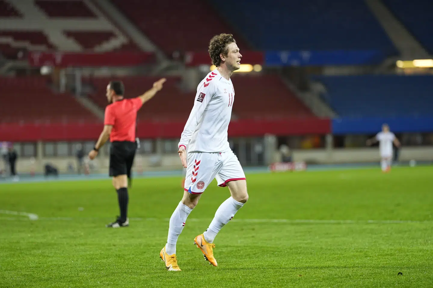 Andreas Skov Olsen scorede to mål mod Østrig for Danmark, som vandt 4-0. Kim Price/Ritzau Scanpix