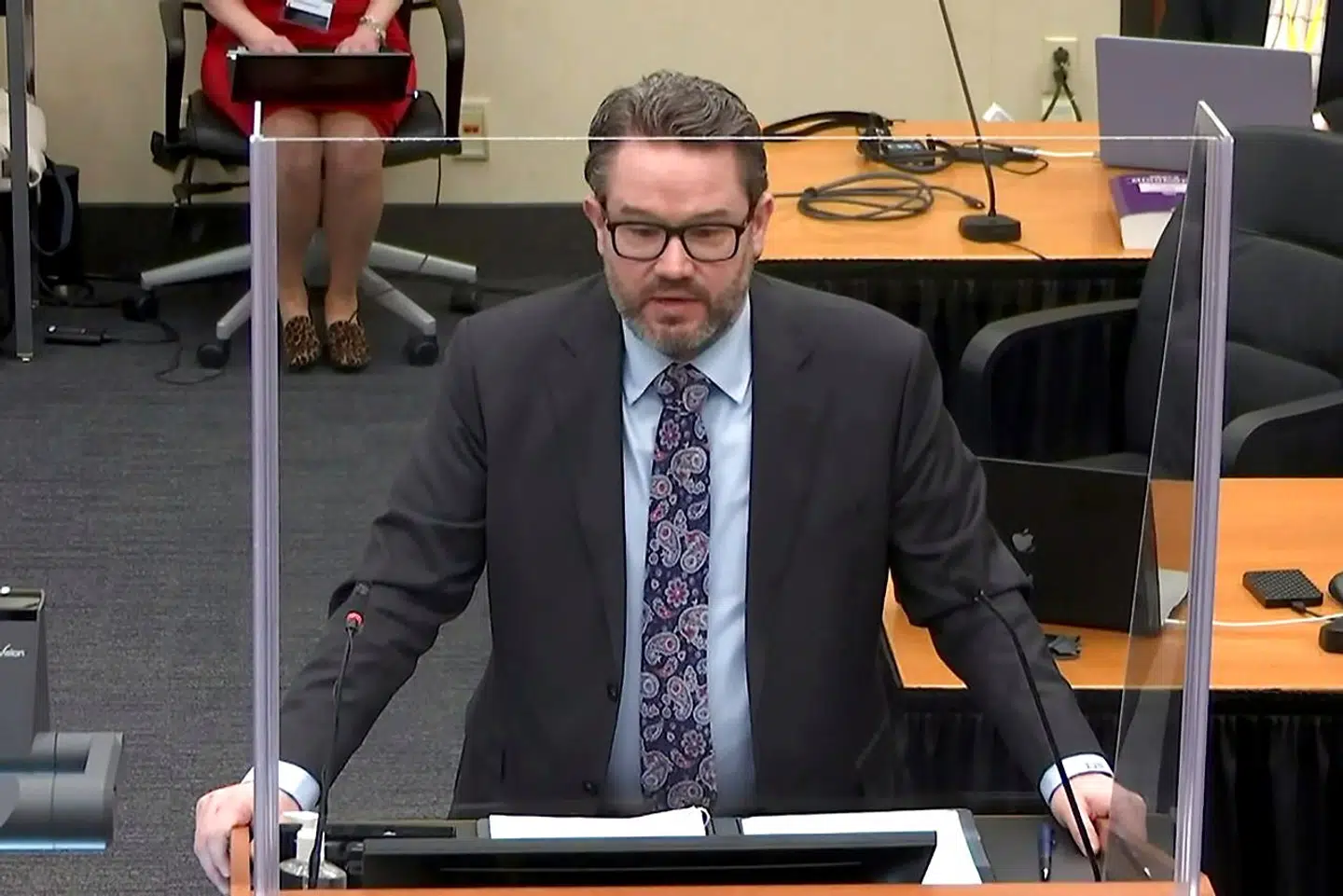 Defense attorney Eric Nelson speaks as opening arguments commence in the trial of former Minneapolis police officer Derek Chauvin for second-degree murder, third-degree murder and second-degree manslaughter in the death of George Floyd in Minneapolis, Minnesota, U.S. March 29, 2021 in a still image from video. Pool via REUTERS