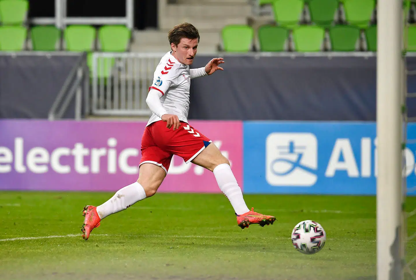 Soccer Football - UEFA Under 21 Championship Qualifier - Group C - France v Denmark - Haladas Stadium, Szombathely, Hungary - March 25, 2021 Denmark's Anders Dreyer scores their first goal REUTERS/Marton Monus