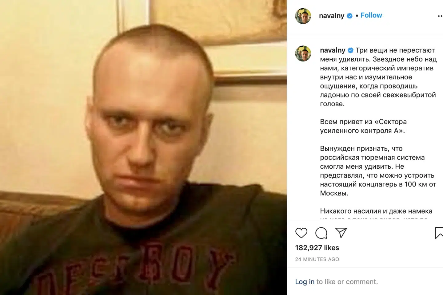 Et screenshot fra Instagram fra 15. marts viser et ikke dateret billede af Aleksej Navalnyj. Det fremgår ikke, om det er fra det fængsel, hvor han afsoner en flere år lang dom. @navalny/Reuters