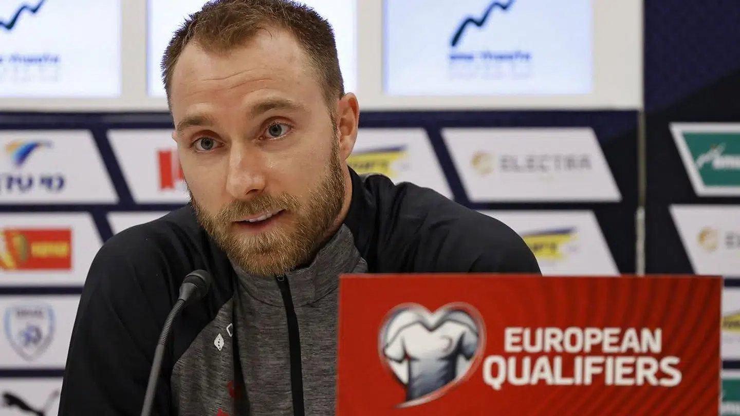 Christian Eriksen på pressemødet, der foregik over Zoom.