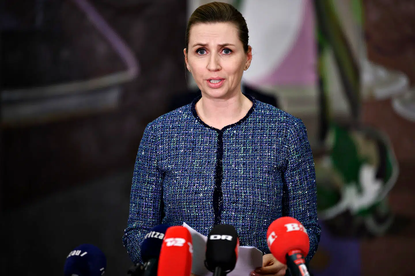 Statsminister Mette Frederiksen (S), da statsministeren og partilederne for aftalepartierne præsenterer en genåbningsplan, i landstingssalen på Christiansborg i København, mandag den 22. marts 2021. Bag aftalen står alle folketingets partier bortset fra Nye Borgerlige.. (Foto: Philip Davali/Ritzau Scanpix)