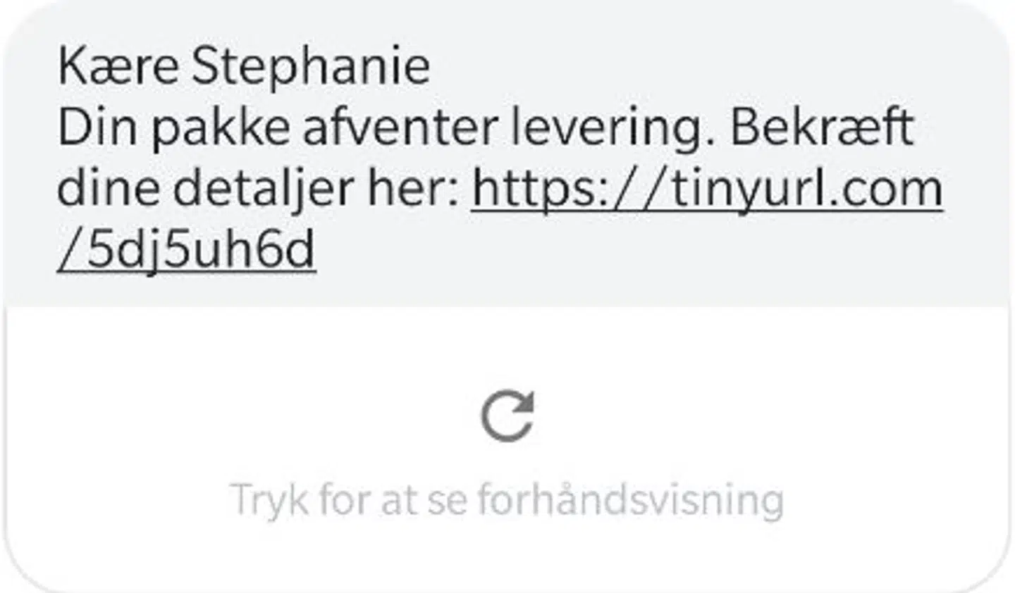 B.T. har modtaget denne sms fra Stephanie, der var i fuld gang med at indtaste sine oplysninger, da hun heldigvis blev mistænksom og stoppede op og afbrød.